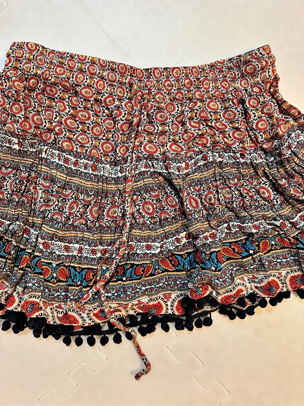 PATRONS OF PEACE Printed Pom-Pom Hem High Waist Skirt L